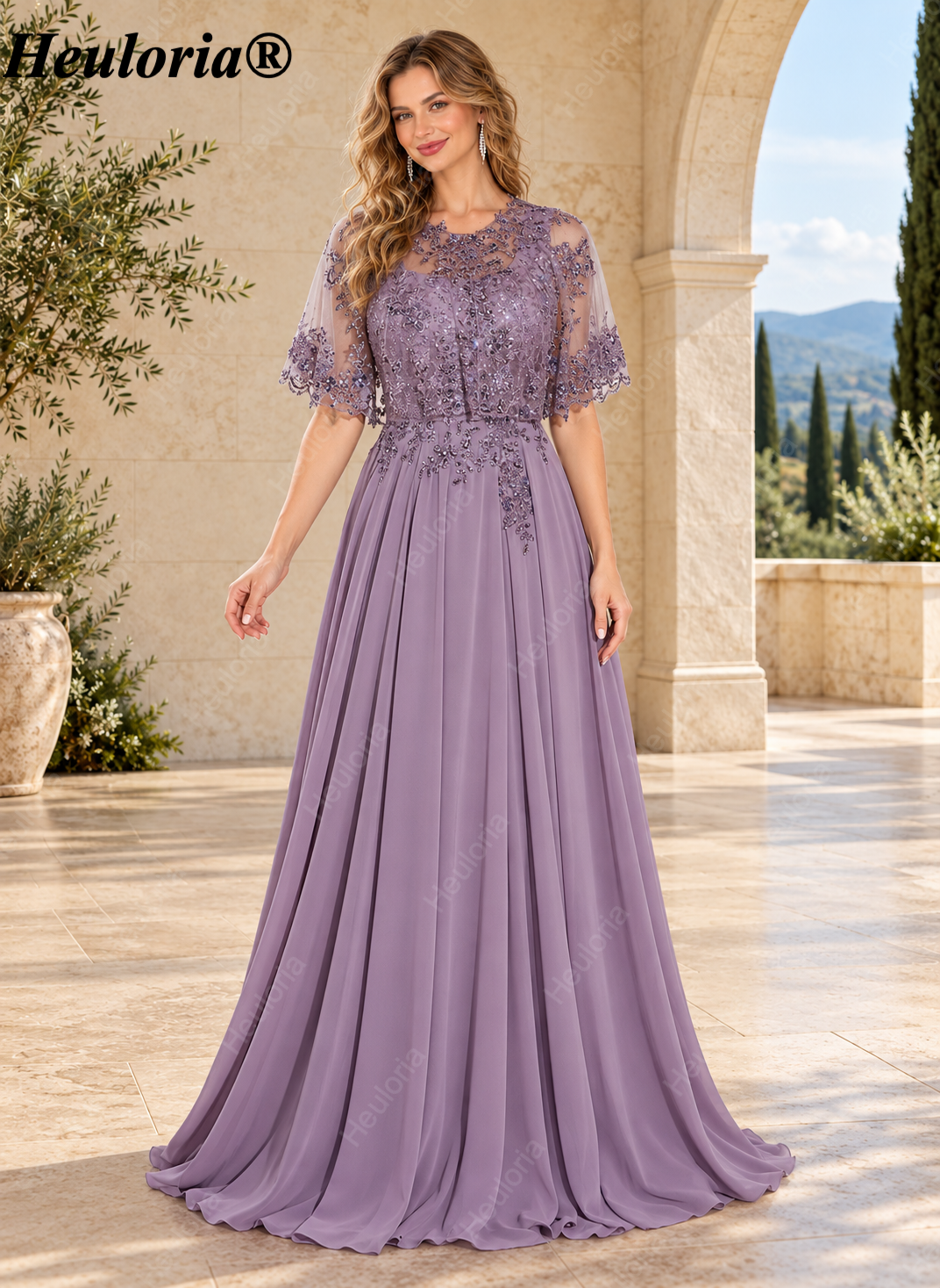 heuloria-Lace Applique Chiffon A-Line Mother of the Bride Dress with Cape-ed-378
