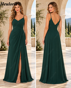 HEULORIA V-Neck Pleated Chiffon Bridesmaid Dress with Slit | ED-957