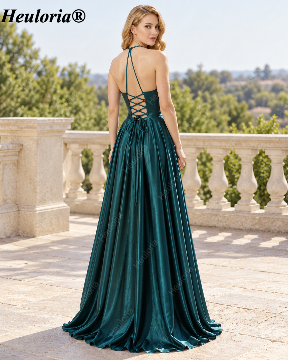 HEULORIA Peacock Green Satin Halter A-Line Prom Dress with Plunging V-Neck – ED-334 Immagine secondaria del prodotto