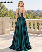 HEULORIA Peacock Green Satin Halter A-Line Prom Dress with Plunging V-Neck – ED-334
