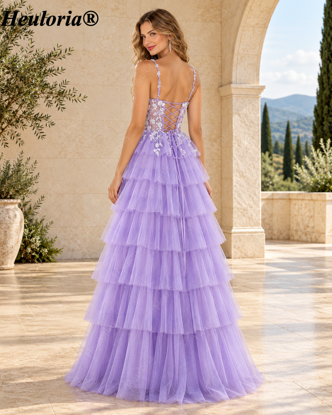 HEULORIA Lavender Lace Tiered Tulle A-Line Prom Dress with Spaghetti Straps and Corset Back – ED-225 Secondary image