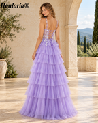 HEULORIA Lavender Lace Tiered Tulle A-Line Prom Dress with Spaghetti Straps and Corset Back – ED-225