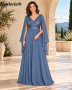 heuloria-V-Neck Sequin Chiffon A-Line Evening Dress with Cape Sleeves-ed-379