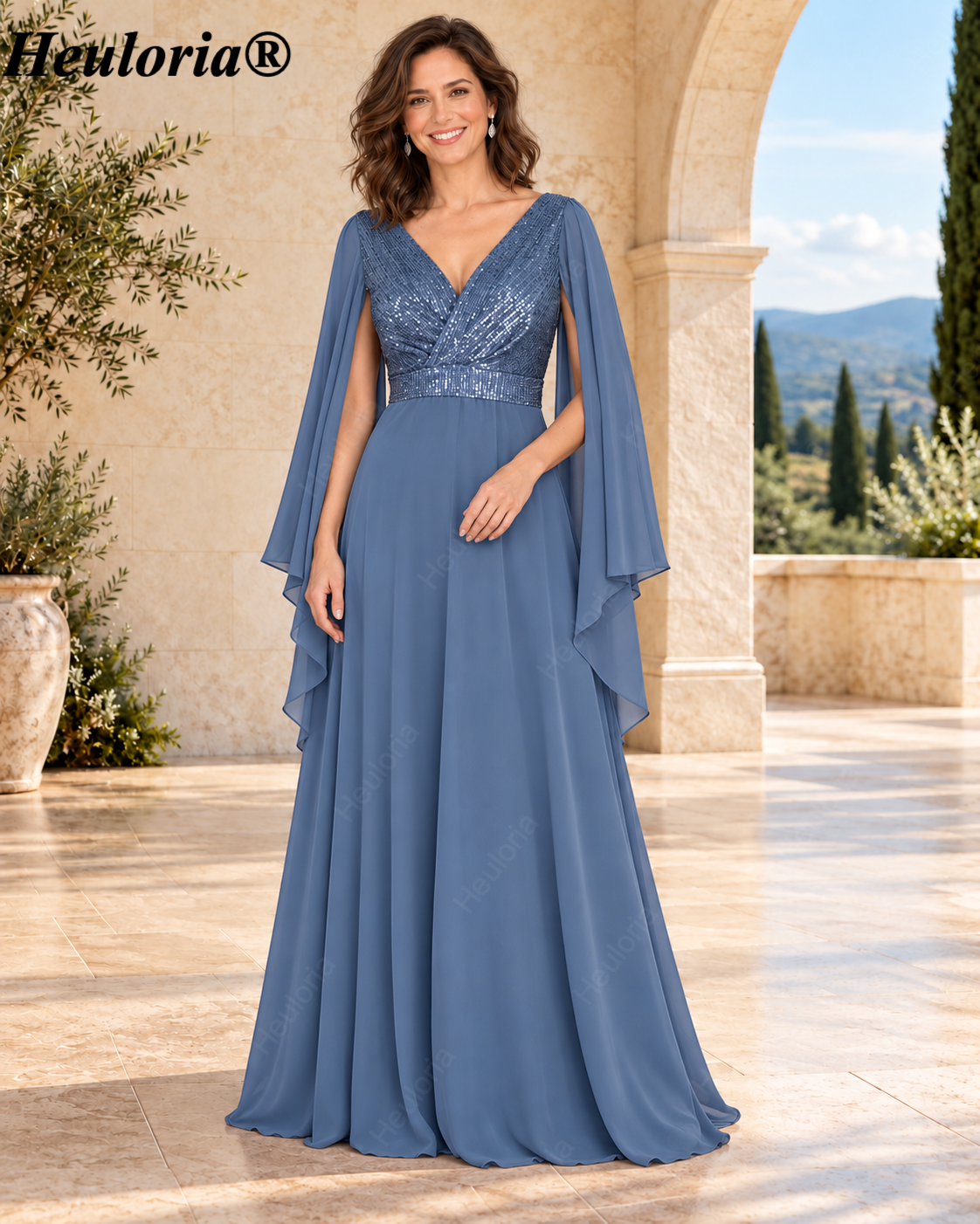 heuloria-V-Neck Sequin Chiffon A-Line Evening Dress with Cape Sleeves-ed-379