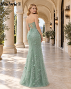 HEULORIA Sage Green Strapless Floral Mermaid Prom Dress with Slit ED-356