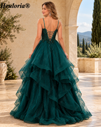 HEULORIA Sparkly Floral Applique Tiered Tulle Ball Gown Prom Dress with Lace-Up Back ED-409