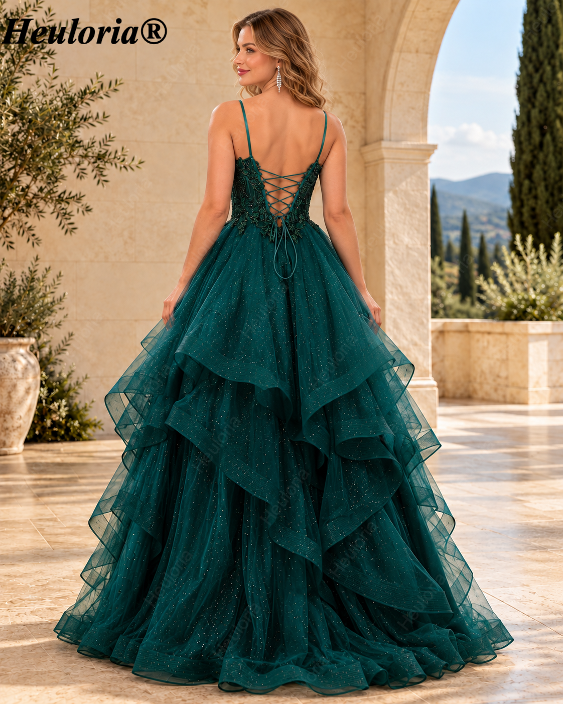 HEULORIA Sparkly Floral Applique Tiered Tulle Ball Gown Prom Dress with Lace-Up Back ED-409