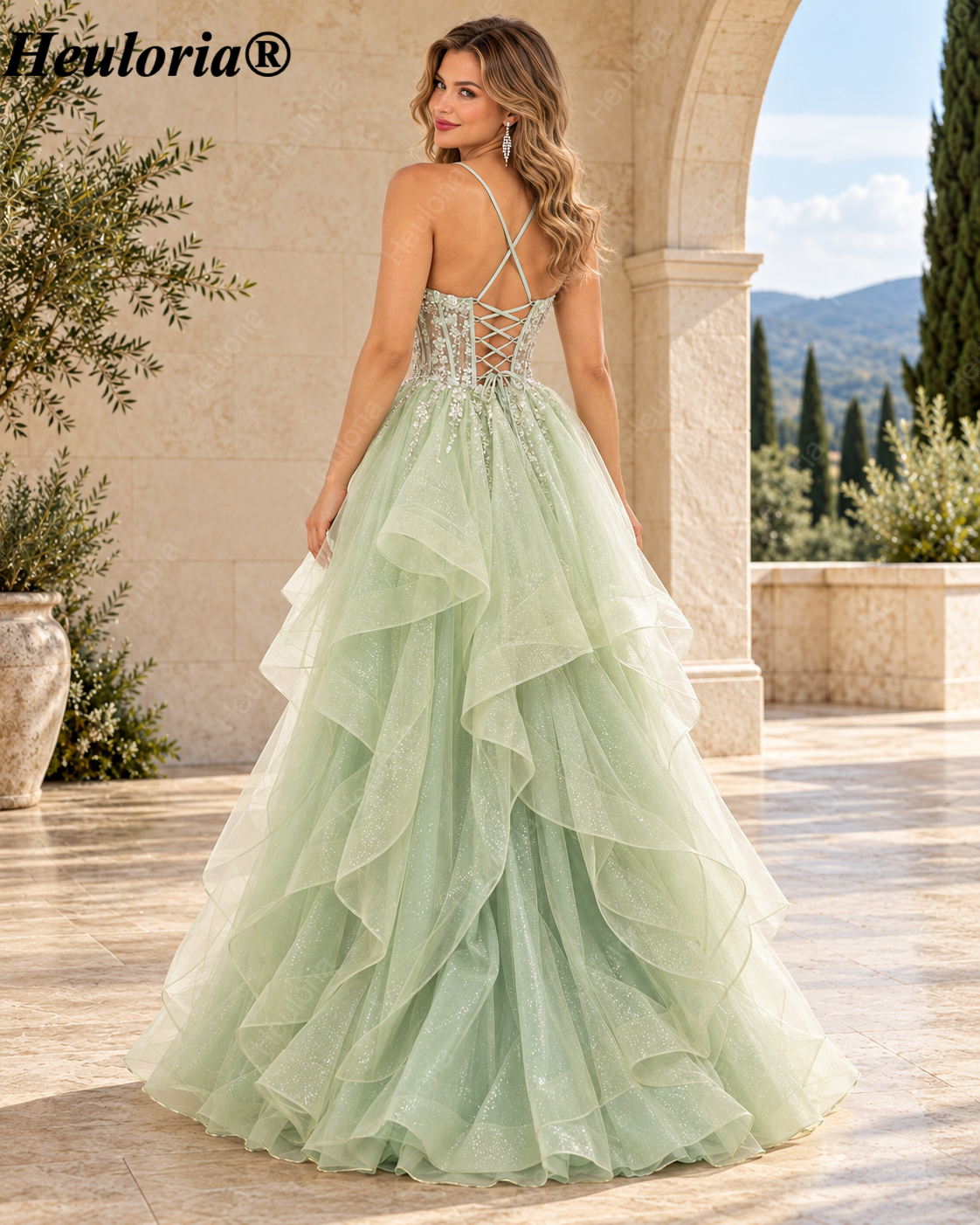 HEULORIA Glitter Tulle A-Line Prom Dress with Beaded Corset, Tiered Ruffles and Lace-Up Back ED-404 Secondary image