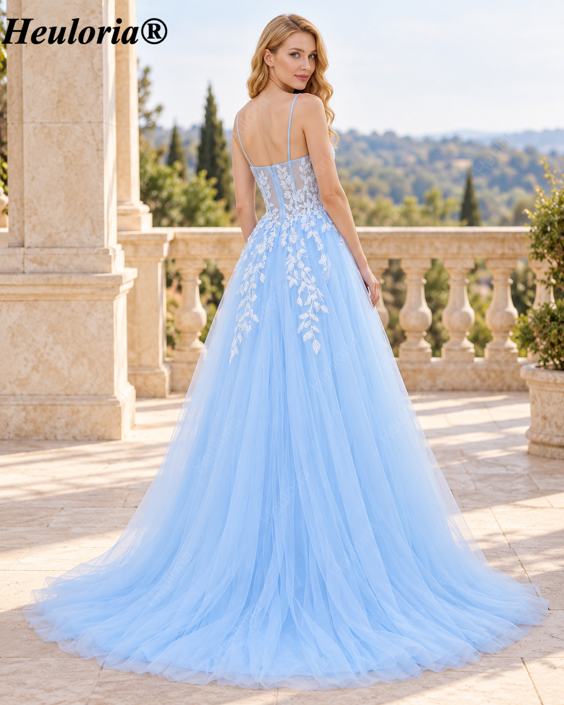 HEULORIA Sky Blue Lace Applique A-Line Tulle Prom Dress with Spaghetti Straps ED-348 Imagen secundaria del producto