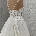 HEULORIA Ethereal A-Line Wedding Dress: Plunging Sweetheart Neckline with Spaghetti Straps and 3D Floral Lace AL-999