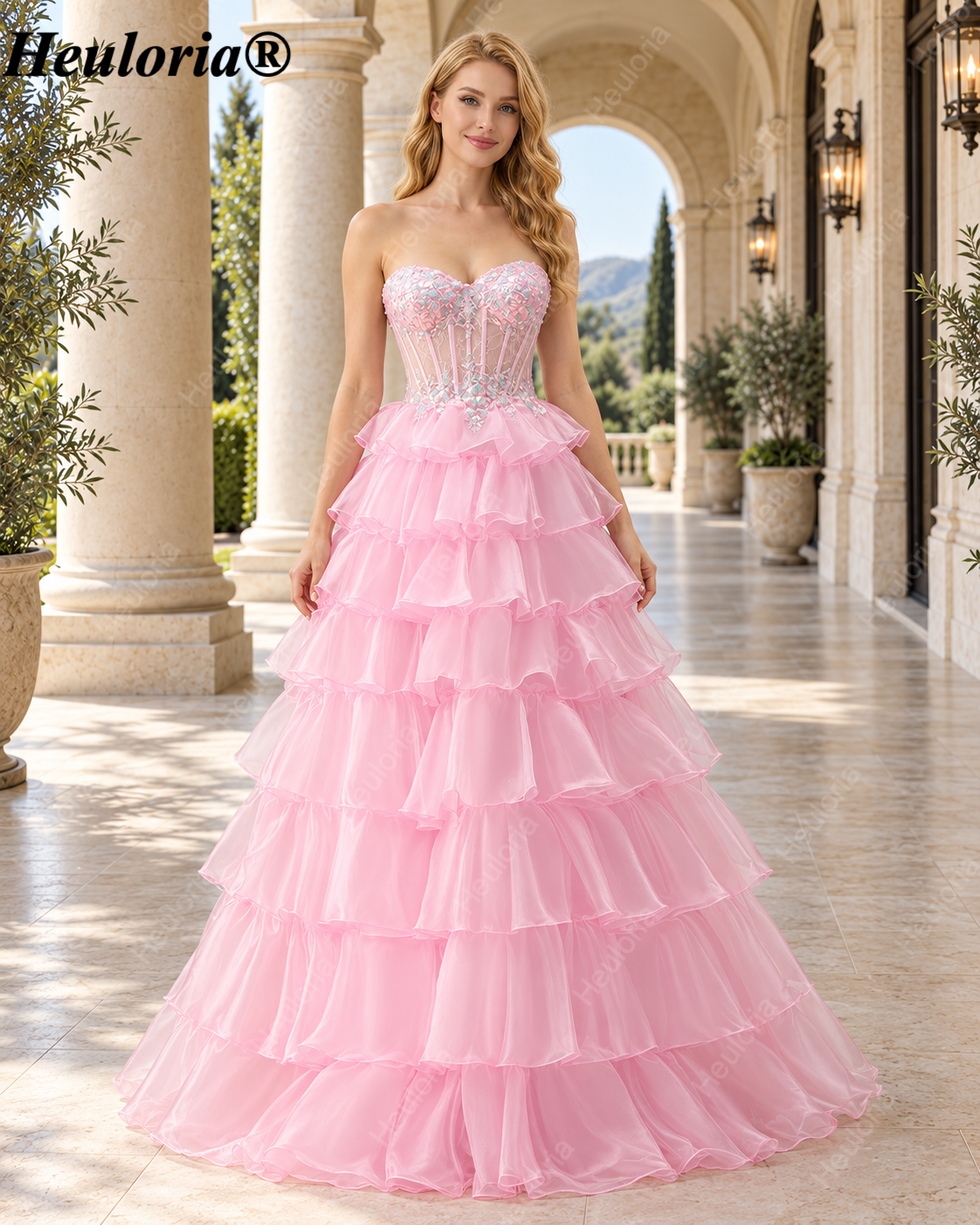heuloria Strapless Tiered Ruffle Prom Dress with Sheer Corset Bodice ed-510