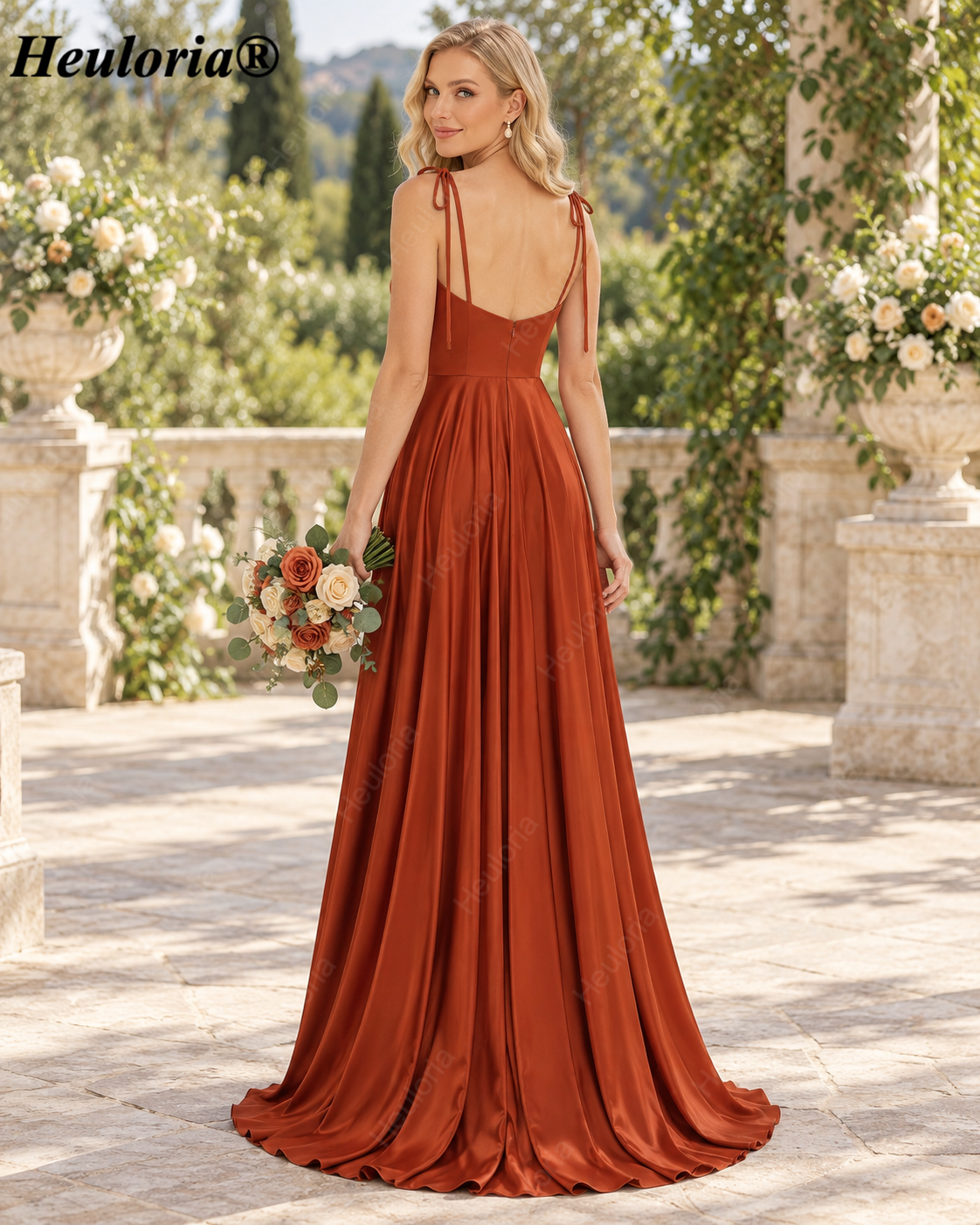 HEULORIA Rust Satin A-Line Bridesmaid Dress with Tie Straps and High Slit – ED-249 Immagine secondaria del prodotto