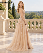 HEULORIA Strapless Beaded Floral A-Line Tulle Prom Dress with Slit ED-354