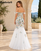 Heuloria Multicolor Floral Embroidered Off-the-Shoulder Tulle Mermaid Evening Dress ED-612