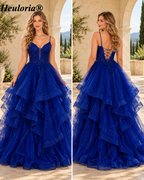 HEULORIA Sparkly Floral Applique Tiered Tulle Ball Gown Prom Dress with Lace-Up Back ED-409