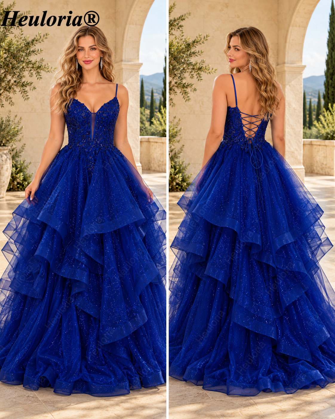 HEULORIA Sparkly Floral Applique Tiered Tulle Ball Gown Prom Dress with Lace-Up Back ED-409