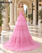 HEULORIA V-Neck Tiered Glitter Tulle Prom Dress with Spaghetti Straps ED-364