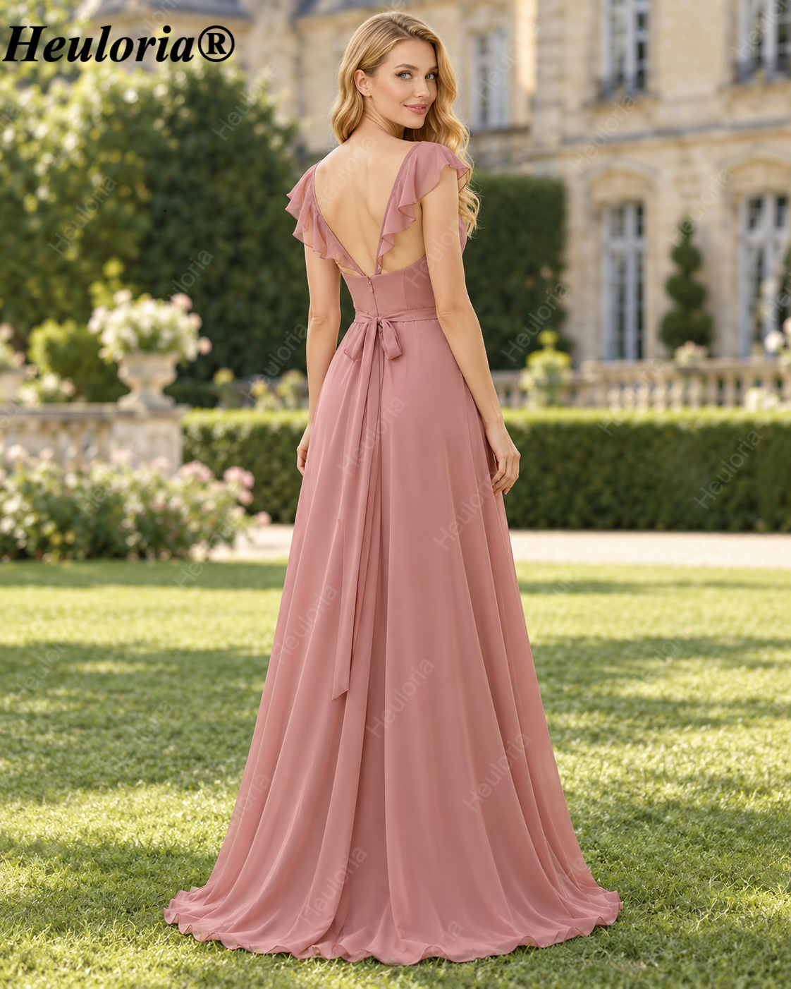 heuloria-Dusty Rose Flutter Sleeve Bridesmaid Dress with Slit-ed-544 Secondary image