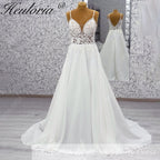 HEULORIA Ethereal V-Neck A-Line Lace Wedding Dress with Delicate Spaghetti Straps and Illusion Bodice #AL-997