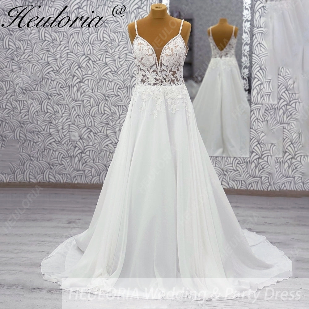 HEULORIA Ethereal V-Neck A-Line Lace Wedding Dress with Delicate Spaghetti Straps and Illusion Bodice #AL-997