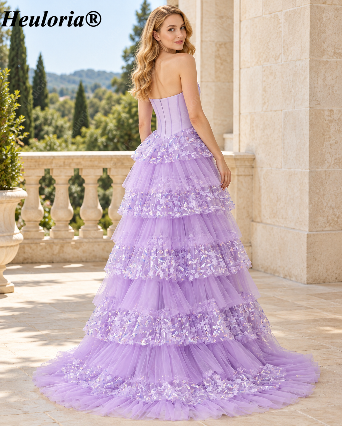 heuloria Strapless Floral Tiered Tulle Corset Prom Dress with Bow ed-507 Secondary image