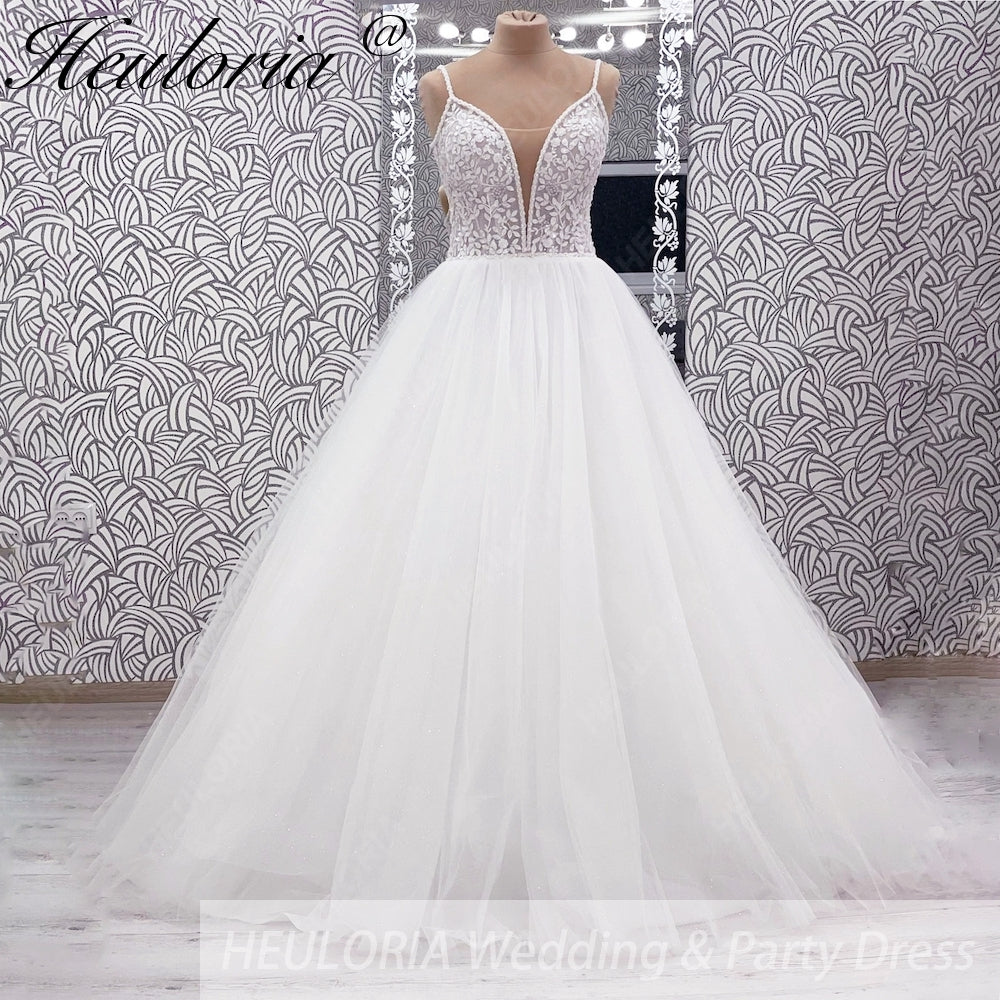 Heuloria Romantic Leafy Lace A-Line Wedding Dress: Plunge V-Neck & Sequined Tulle with Corset Back AL-1031