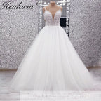Heuloria Romantic Leafy Lace A-Line Wedding Dress: Plunge V-Neck & Sequined Tulle with Corset Back AL-1031