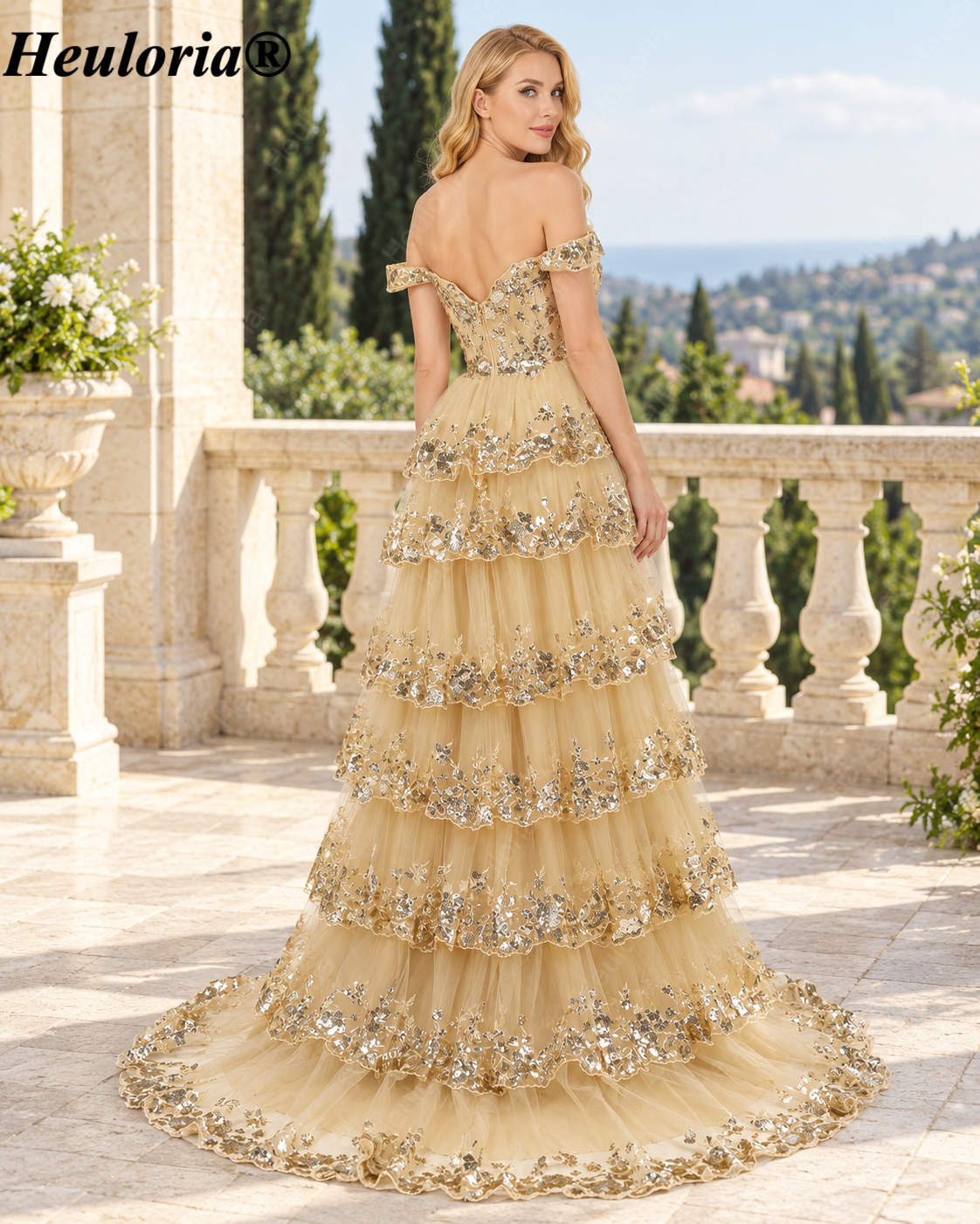 HEULORIA Gold Sequin Off-the-Shoulder Tiered Tulle A-Line Prom Dress ED-365