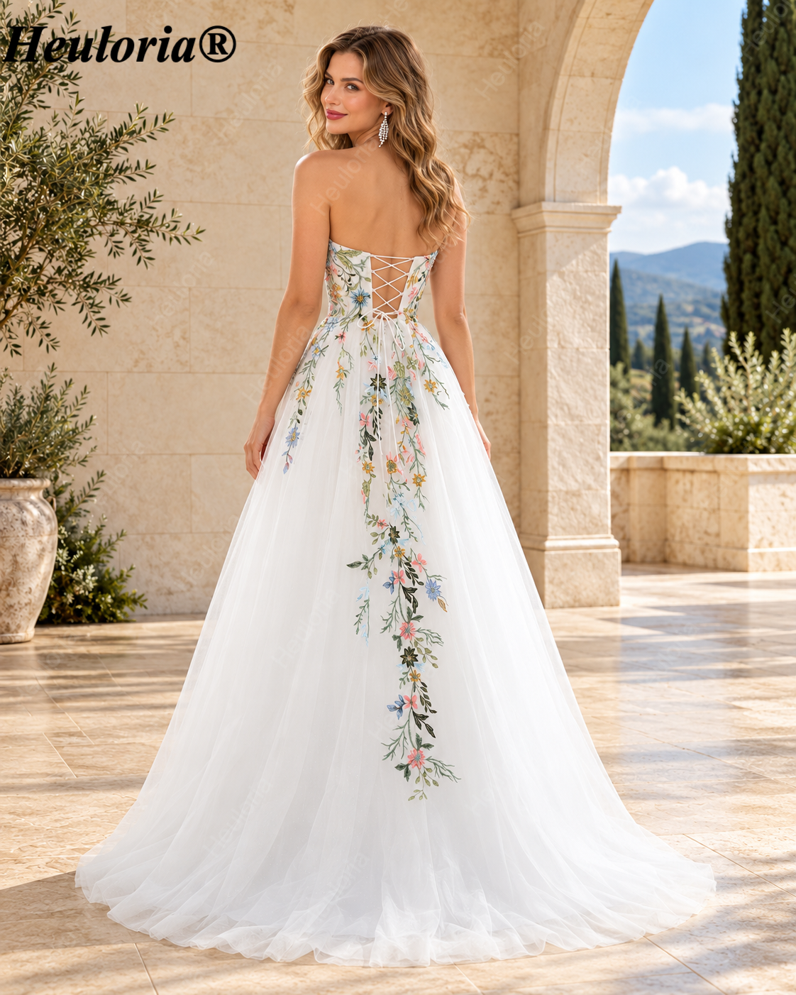 Heuloria Multicolor Floral Embroidered Strapless Tulle A-Line Prom Dress with Lace-Up Back ED-650 Secondary image