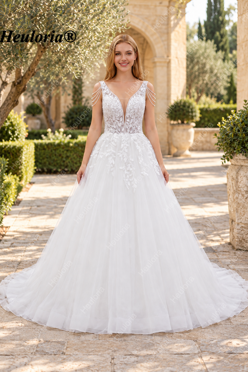 Deep V Leaf Lace Beaded Fringe Ball Gown Wedding Dress AL-1039 Imagen principal del producto