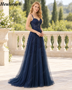 HEULORIA Navy Blue Lace Appliqué Tulle A-Line Prom Dress with Sweetheart Corset – ED-336