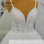 Heuloria Shimmering Starry Tulle Ballgown - Deep V-Neck & Leaf Lace Spaghetti Strap Wedding Dress AL-1095