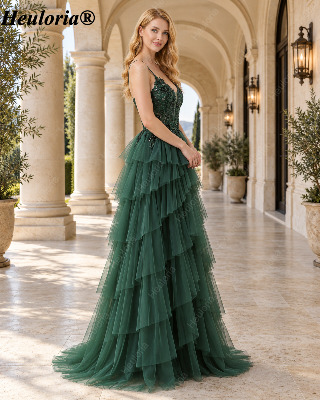 HEULORIA Dark Green Sequin Lace Tiered Tulle Prom Dress ED-576