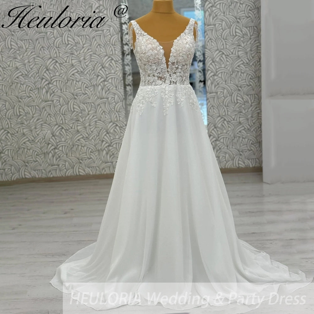 HEULORIA  elegant A line wedding dress Spaghetti Strap crepe lace chiffon bridal dress Robe De Mariee Wedding Bride Dress AL-995