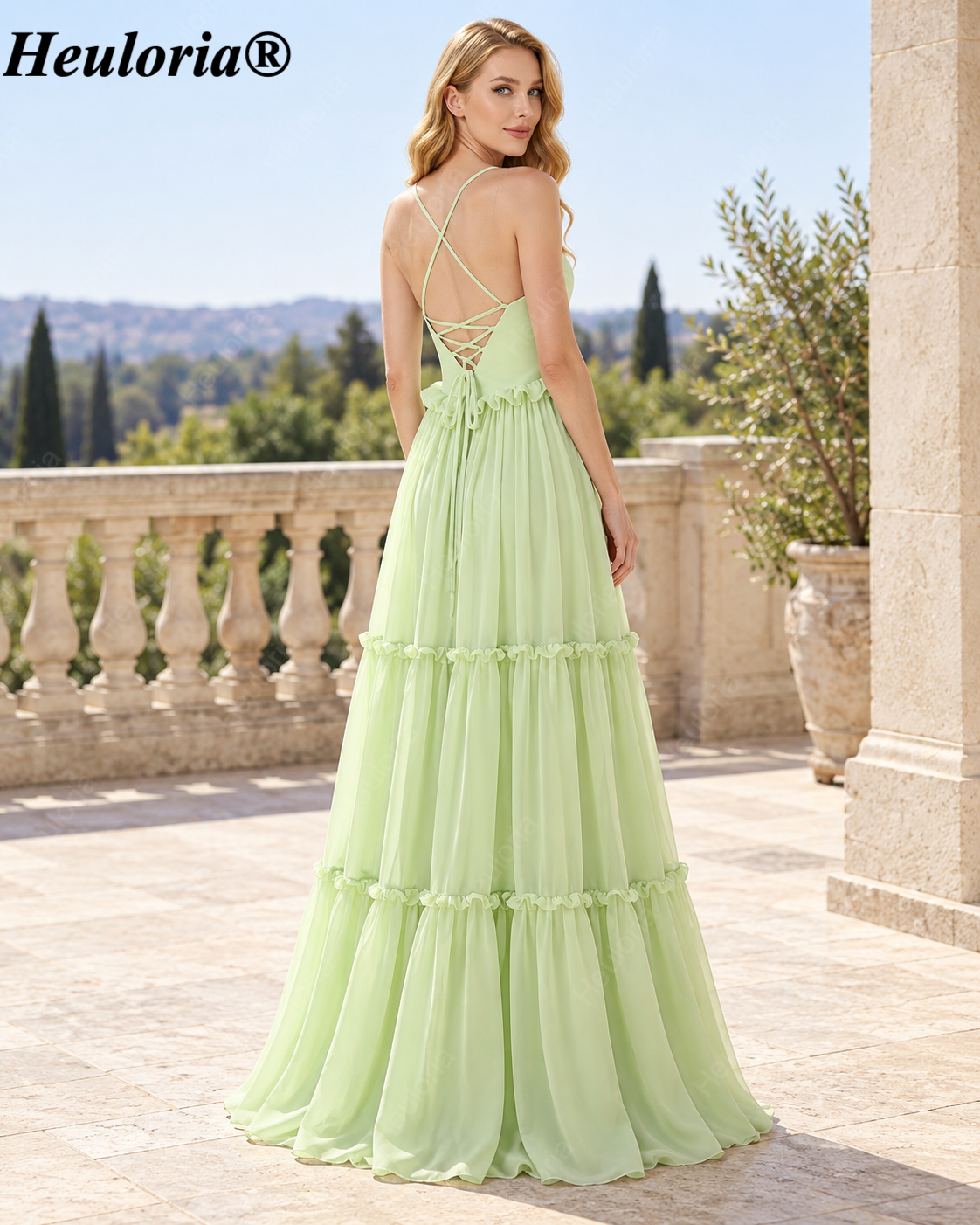 Heuloria Sage Green Empire Waist Chiffon Maternity Bridesmaid Dress with Tiered Ruffles ED-375 Imagen secundaria del producto