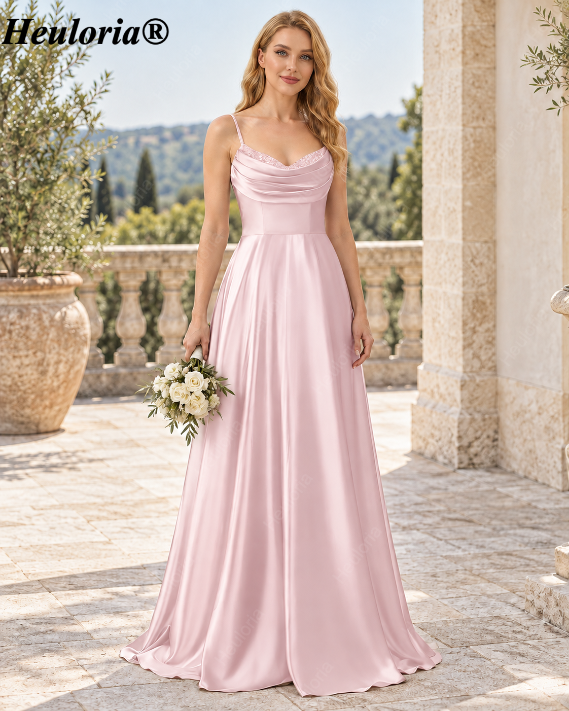 HEULORIA Cowl Neck Satin A-Line Bridesmaid Dress with Embellished Trim ED-361