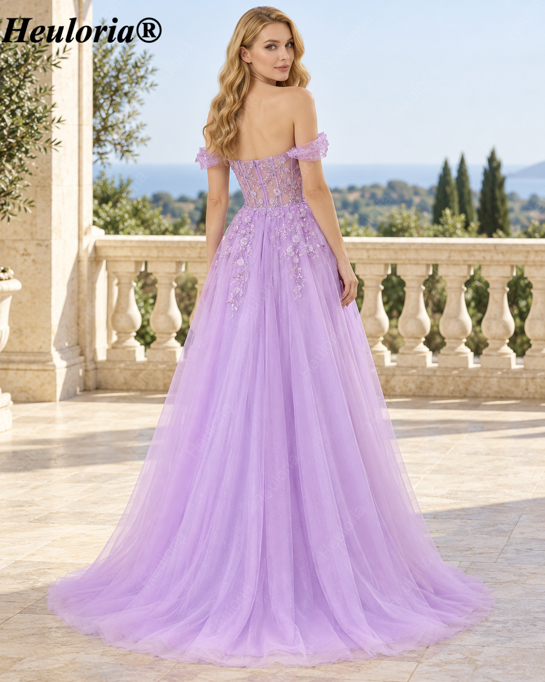 HEULORIA Lilac Off-the-Shoulder A-Line Prom Dress with Floral Appliqué Corset Bodice – ED-338 Immagine secondaria del prodotto