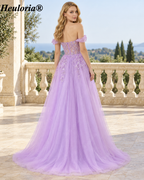 HEULORIA Lilac Off-the-Shoulder A-Line Prom Dress with Floral Appliqué Corset Bodice – ED-338