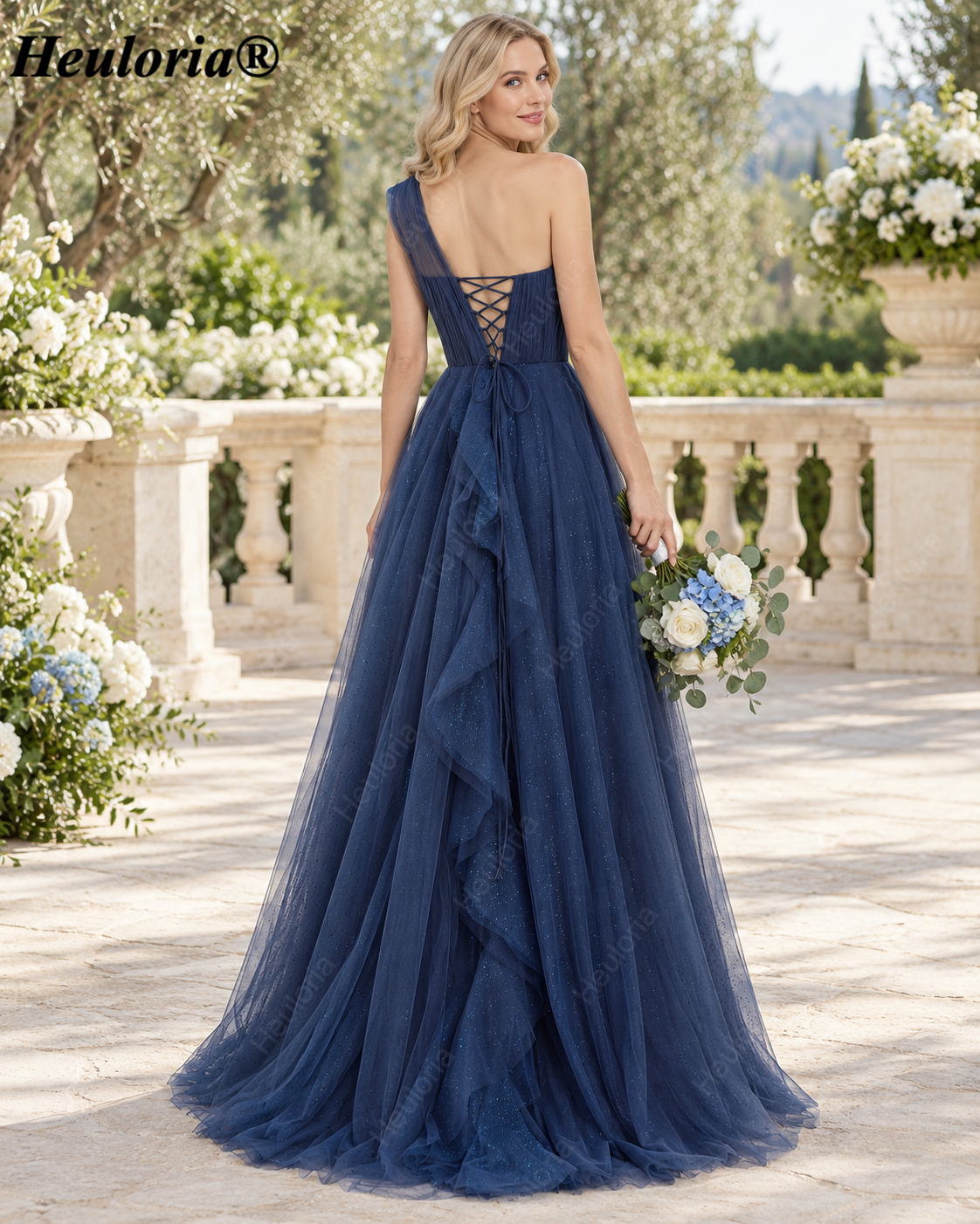 HEULORIA Navy Blue One-Shoulder Glitter Tulle A-Line Prom Dress with Ruffle Skirt – ED-250