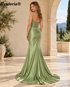 HEULORIA Silver Blue Cowl-Neck Satin Mermaid Prom Dress with Beaded Corset and High Slit – ED-212
