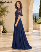 heuloria-Lace Applique Chiffon A-Line Mother of the Bride Dress with Cape-ed-378