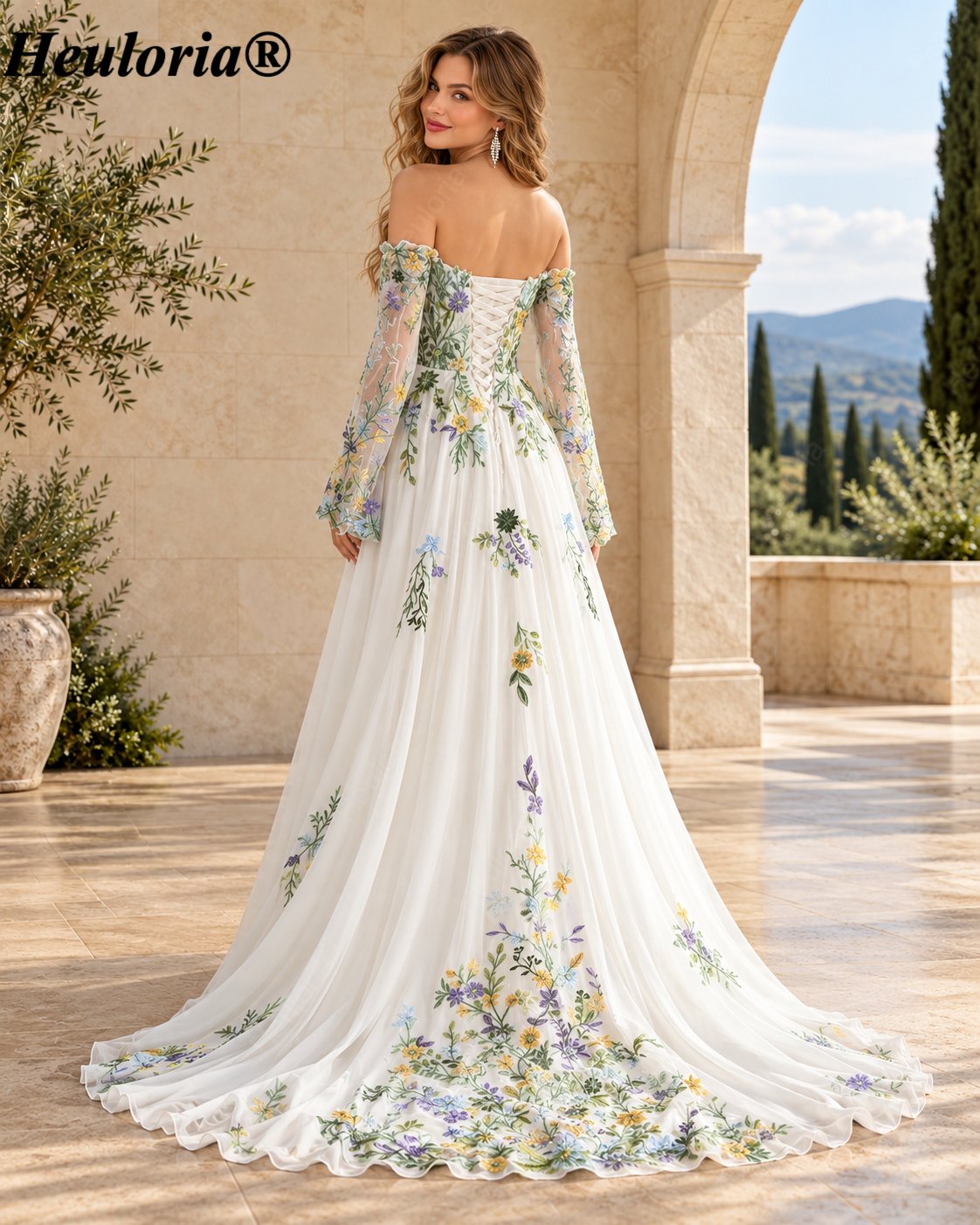 Heuloria Enchanting Floral Embroidered Tulle A-Line Gown with Sweetheart Bodice and Lace-Up Back ED-674 Immagine secondaria del prodotto