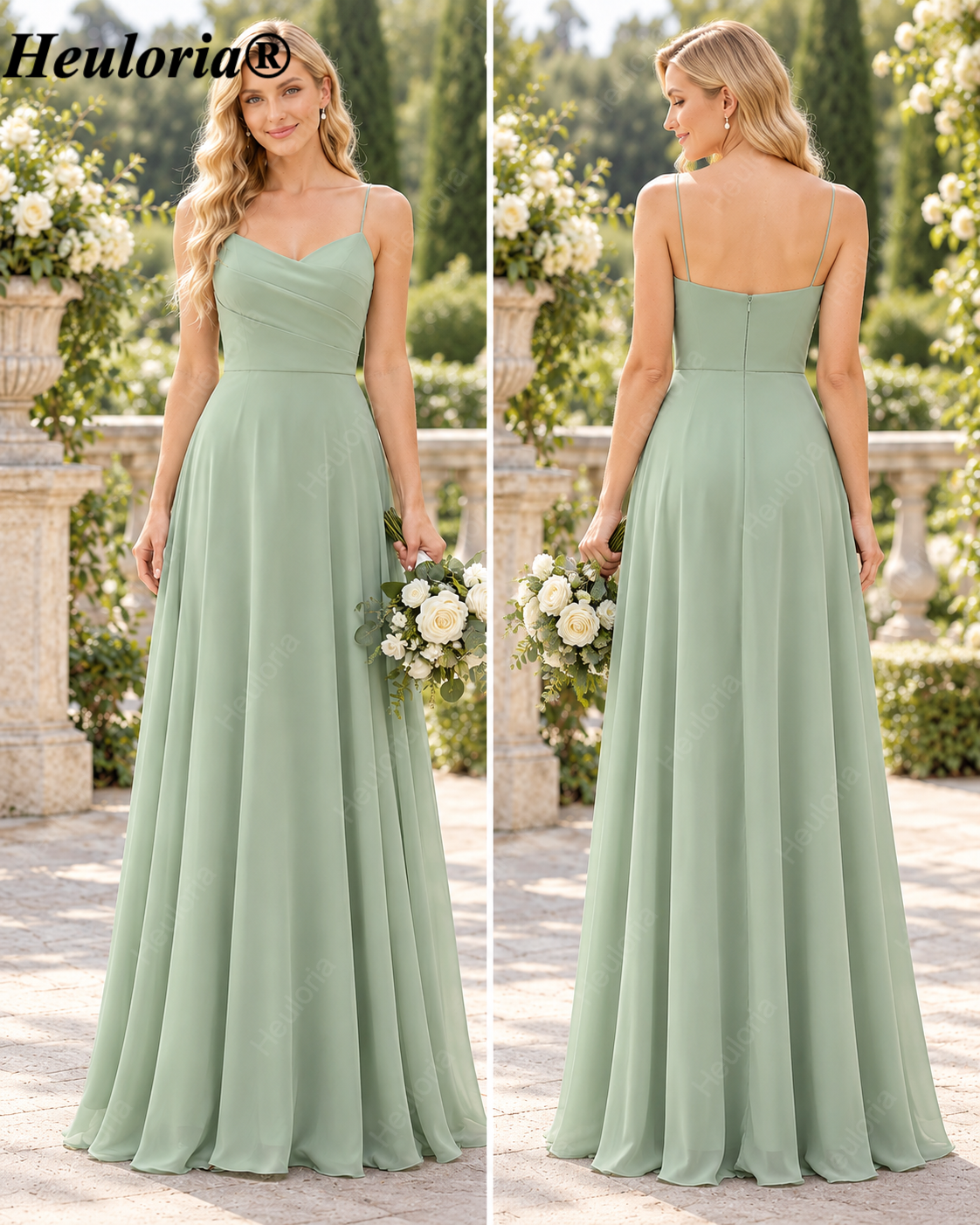 HEULORIA Dusty Sage V-Neck Chiffon A-Line Bridesmaid Dress – ED-268 Immagine principale del prodotto