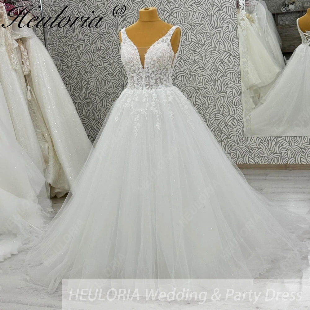 HEULORIA Romantic Floral Lace A-Line Wedding Dress - Deep V-Neck Shimmer Tulle Bridal Gown AL-1094