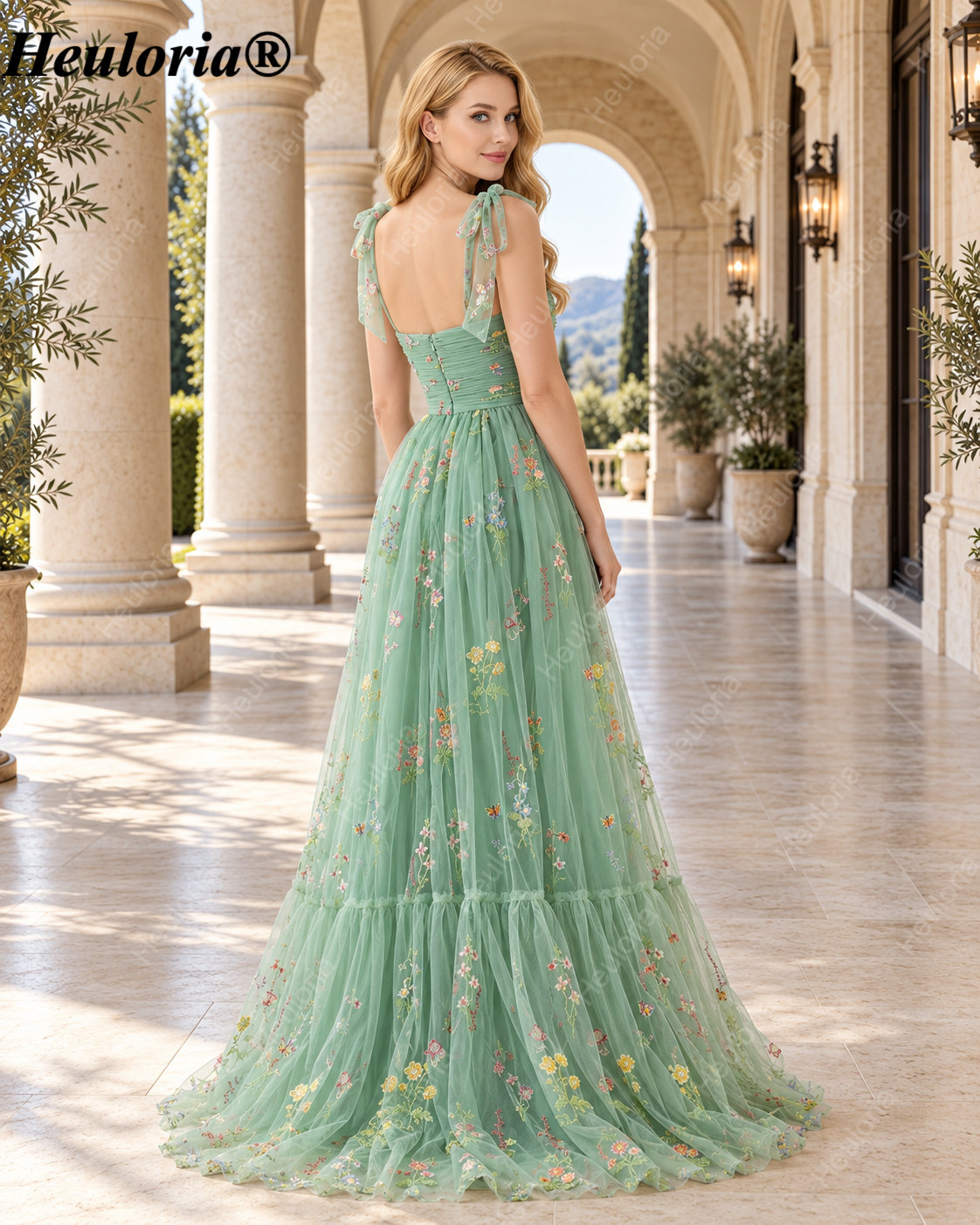 heuloria Floral Embroidered Tulle A-Line Dress with Bow Straps ed-525 Immagine secondaria del prodotto