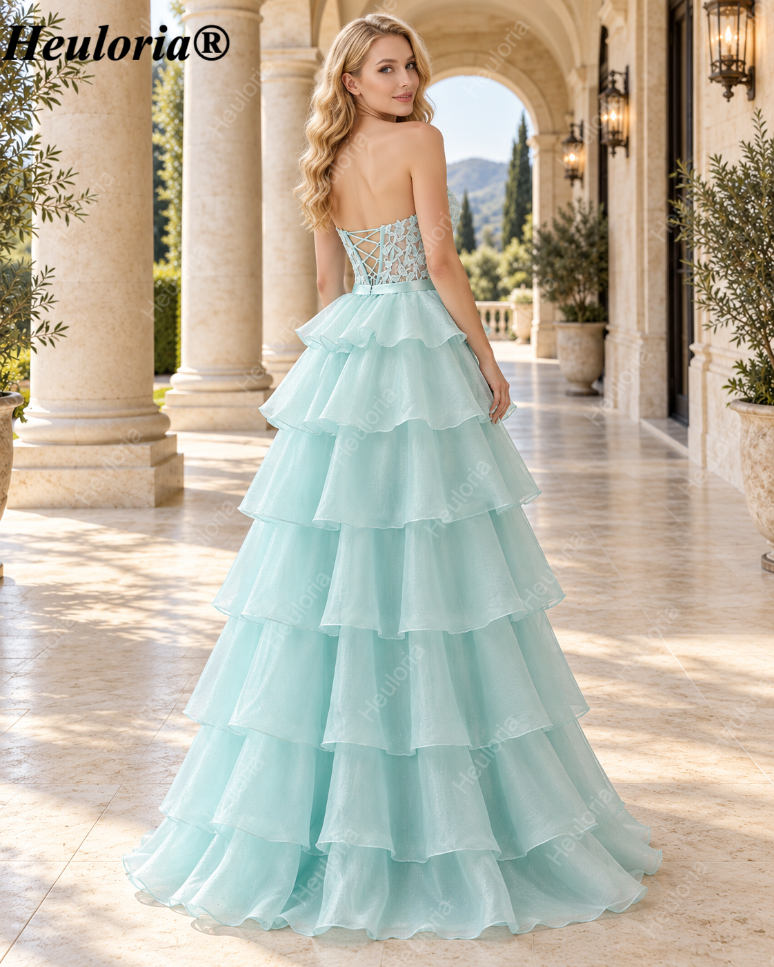 heuloria Strapless Lace Tiered Ruffle Prom Dress with Bow Waist ed-514