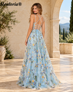 HEULORIA Light Blue Floral Embroidered Tulle A-Line Prom Dress with Spaghetti Straps, High Slit and Lace-Up Back ED-591