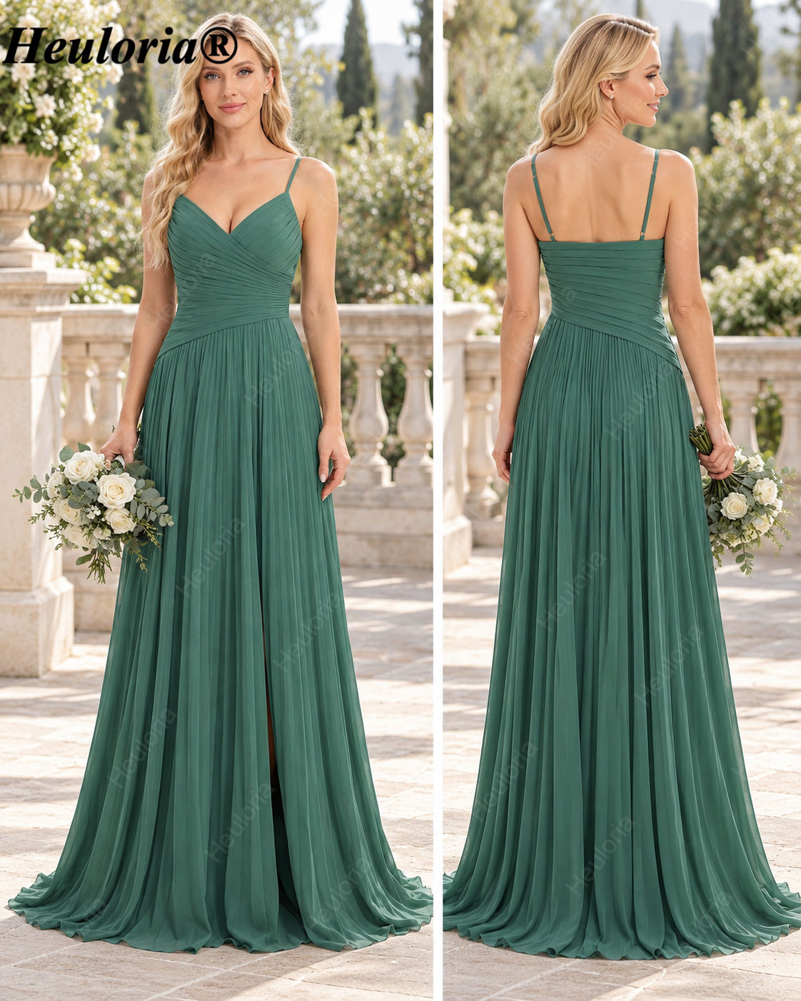 HEULORIA Dark Green Pleated Chiffon A-Line Bridesmaid Dress with V-Neck – ED-261 Immagine principale del prodotto