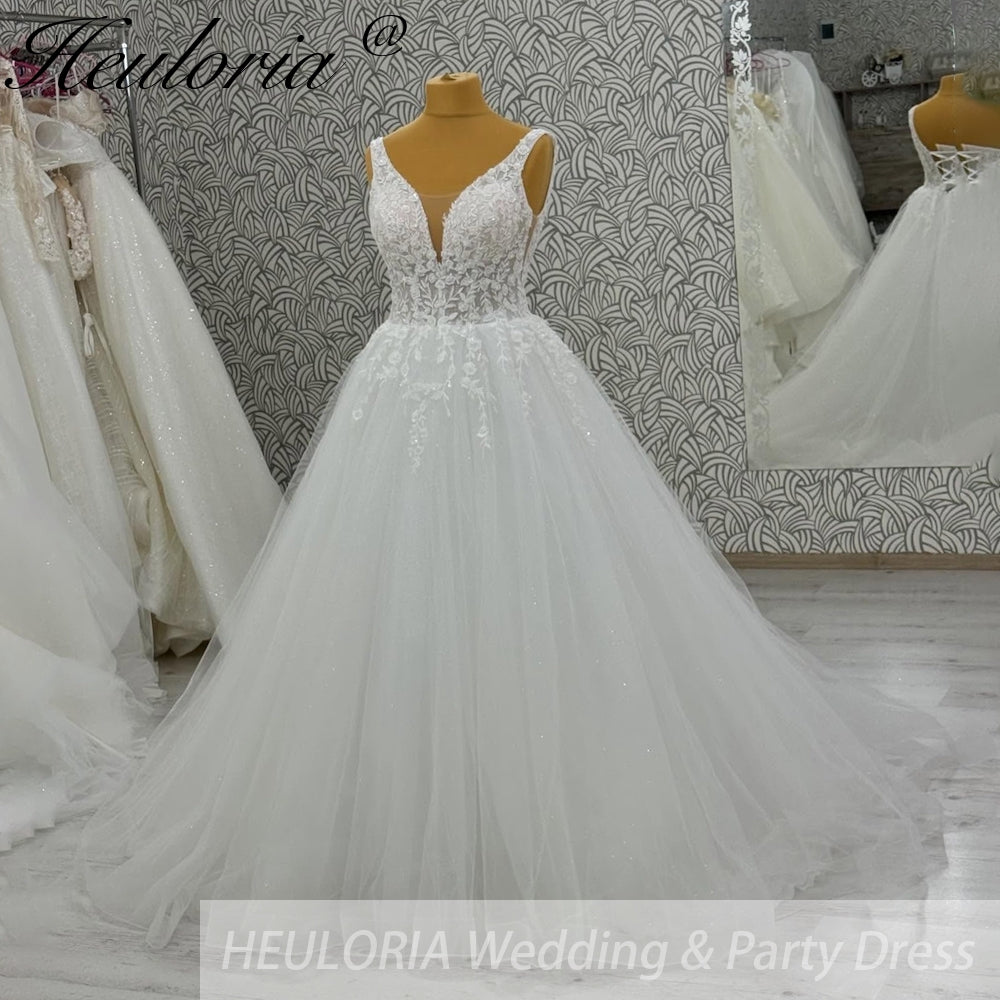 HEULORIA V Neck Sleeveless A line Wedding Dress Boho Lace Appliques Tulle Long Bridal Gowns Backless Vestidos de Novia Customized AL-1094 Secondary image