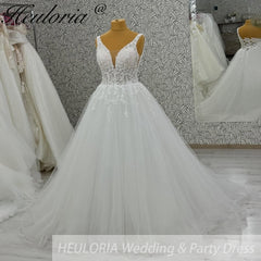 HEULORIA V Neck Sleeveless A line Wedding Dress Boho Lace Appliques Tulle Long Bridal Gowns Backless Vestidos de Novia Customized AL-1094
